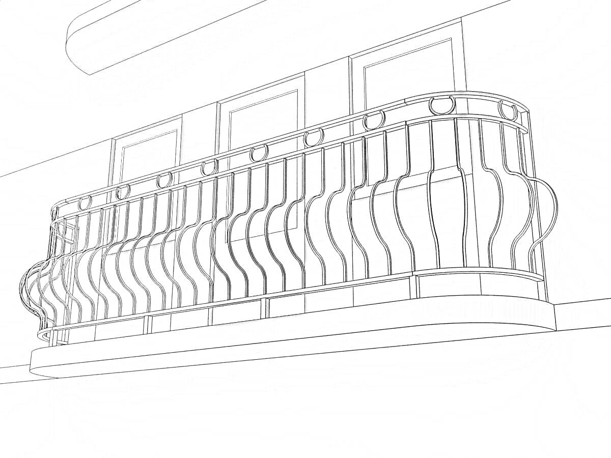 Раскраска Балкон с тремя окнами и металлическими перилами