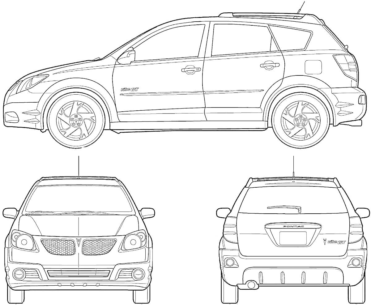 Легковой автомобиль Pontiac Vibe - боковая, передняя и задняя проекции