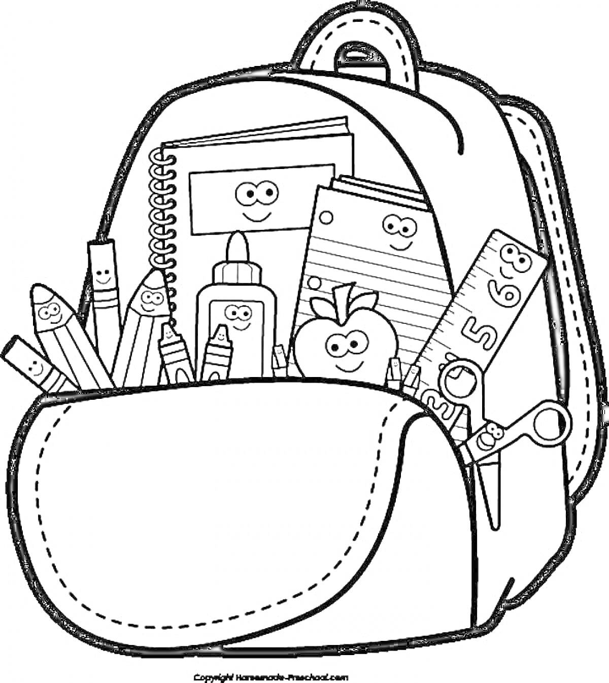 Рюкзак с принадлежностями для учебы, содержащий карандаши, клей, линейку, блокнот, яблоко, ножницы и бумагу