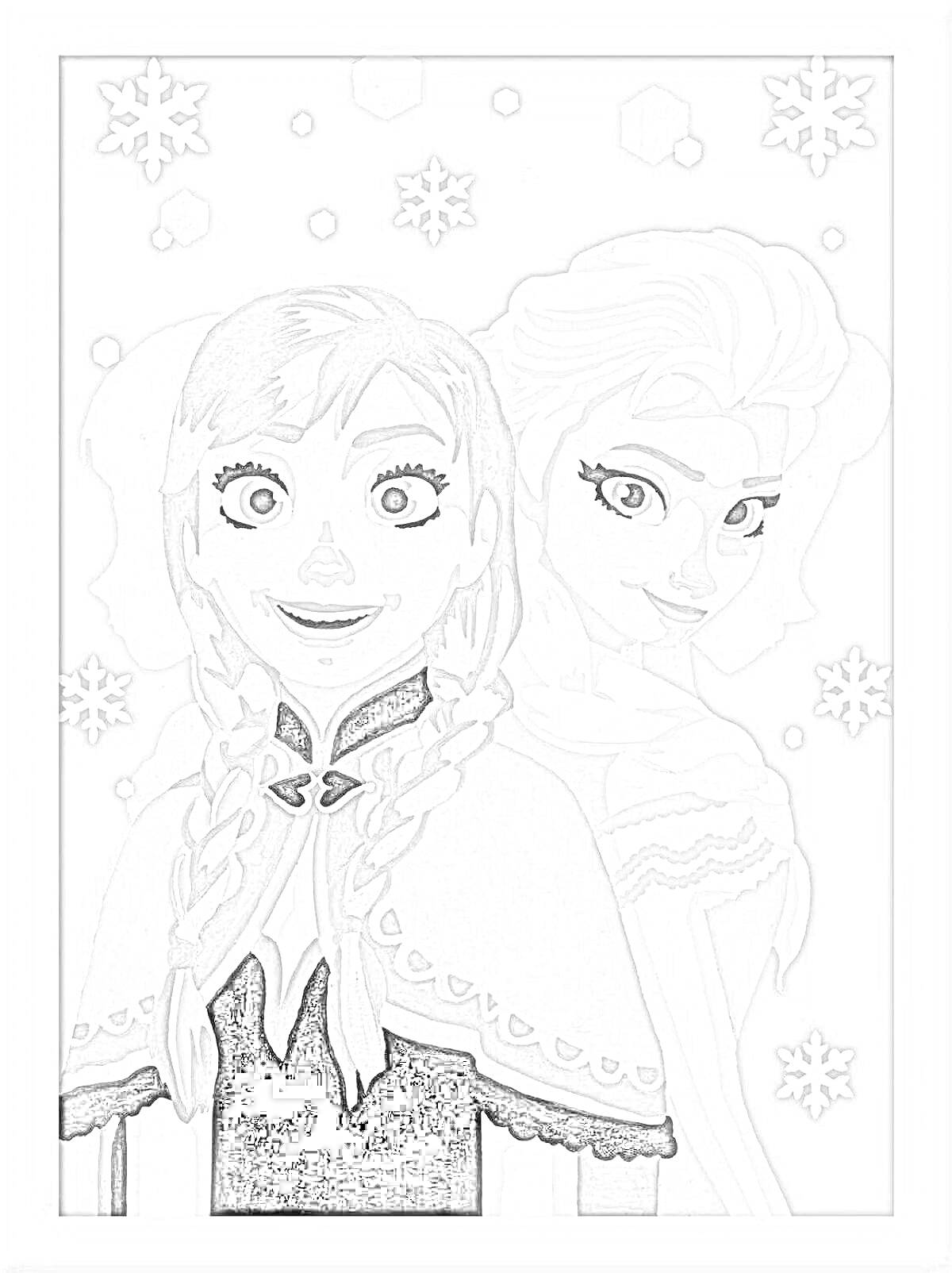 Раскраска Две принцессы Анна и Эльза на фоне снежинок из 