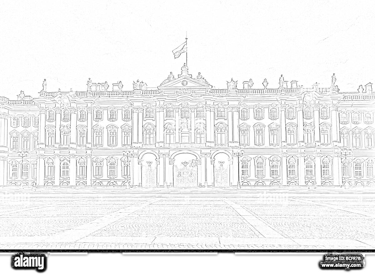 На раскраске изображено: Дворцовая площадь, Архитектура, Здание, Колонны, Флаг, Дворец, Санкт-Петербург