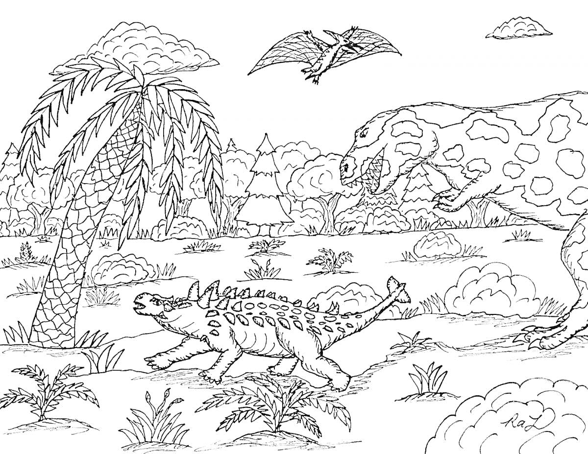 На раскраске изображено: Анкилозавр, Птеродактиль, Кусты, Деревья, Облака, Природа, Пальмы, Динозавр, Доисторическая эпоха, Тираннозавр Рекс