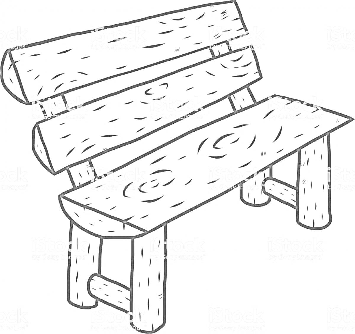Раскраска Детская скамейка из деревянных бревен с высоким спинкой и сиденьем