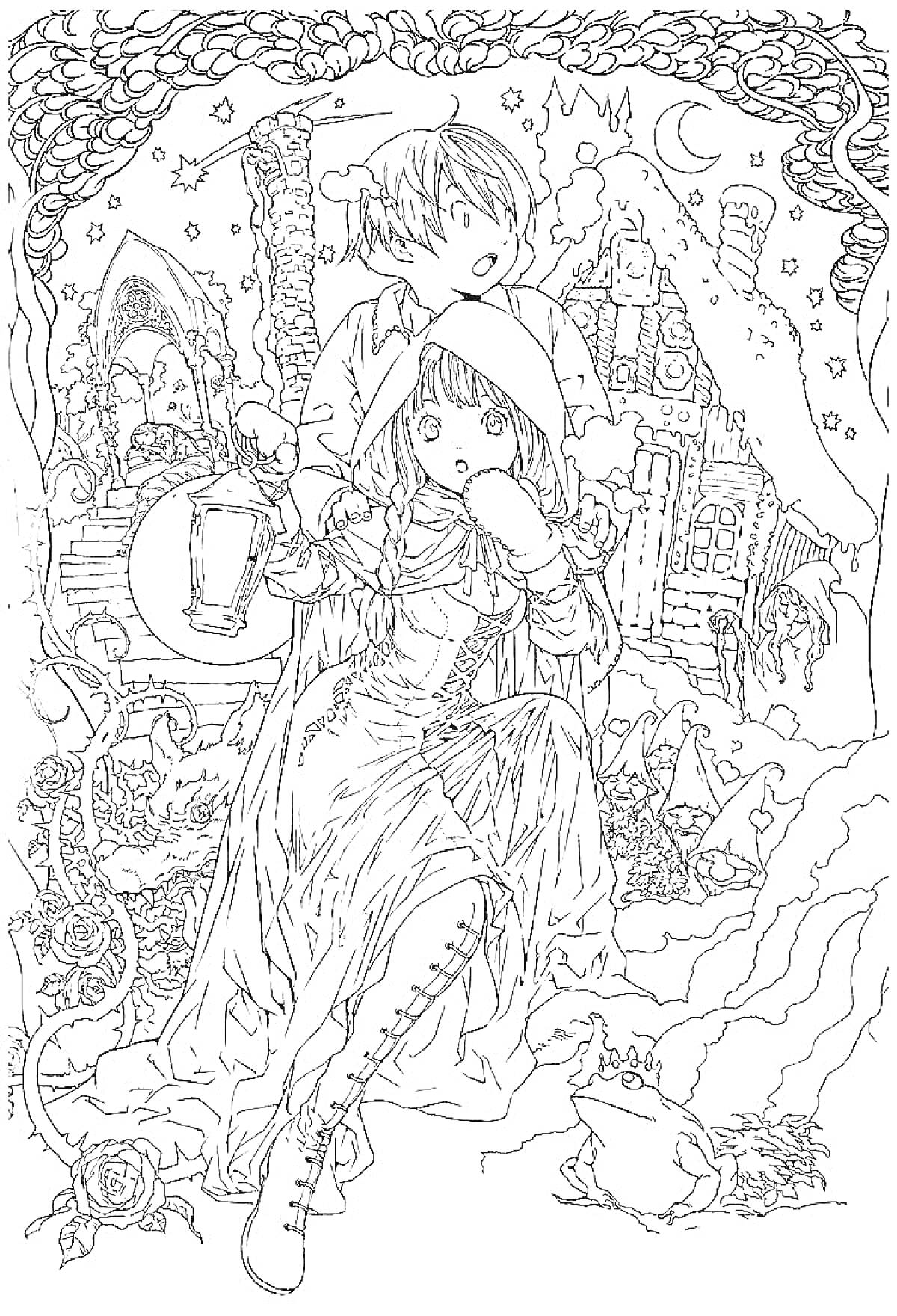 Раскраска Два персонажа в средневековых костюмах на фоне сказочного города с луной, звездами и растительным орнаментом