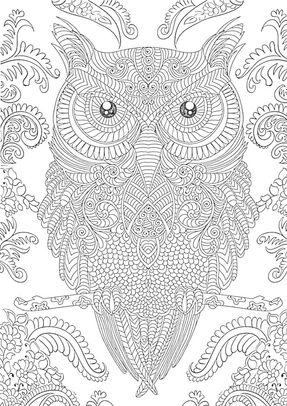 Раскраска Антистресс раскраска с филигранной совой, листьями и узорами.