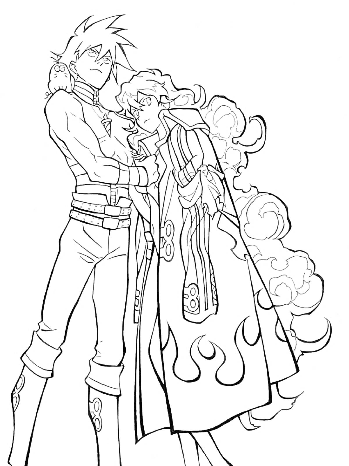 Раскраска Два персонажа из Гуррен-Лаганн, один с открытым торсом, второй в длинном плаще с узором из огня, на плечах кукла-совушка, флаги на заднем плане
