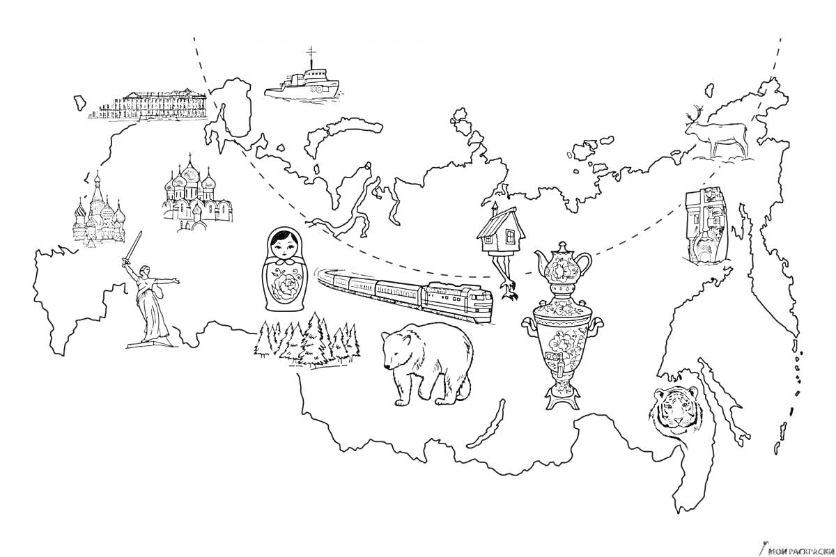 Раскраска Карта России с иллюстрациями: Кремль, корабль, балалайка, церковь, Матрешка, солдат, лес, медведь, поезд, самовар, избушка, дом, олень, памятник