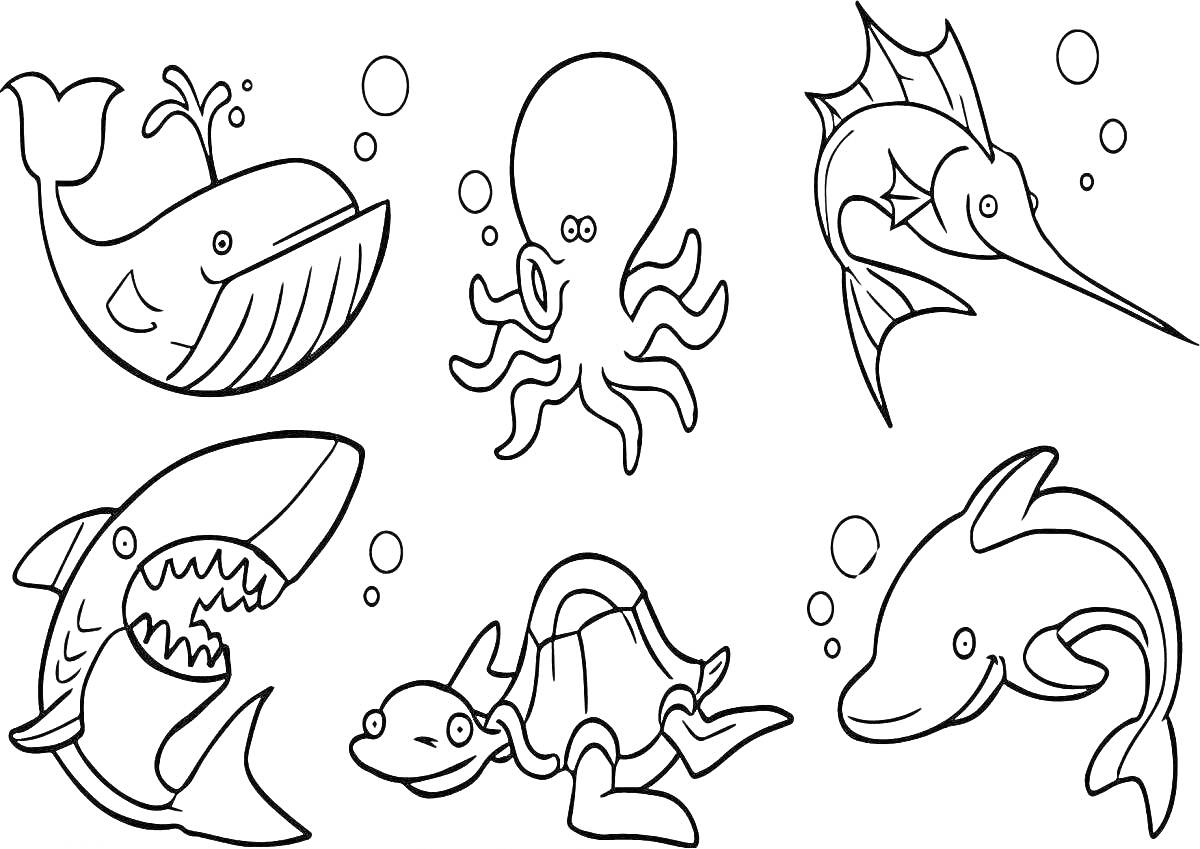 Раскраска Кит, осьминог, рыба-меч, акула, морская черепаха, дельфин и пузыри