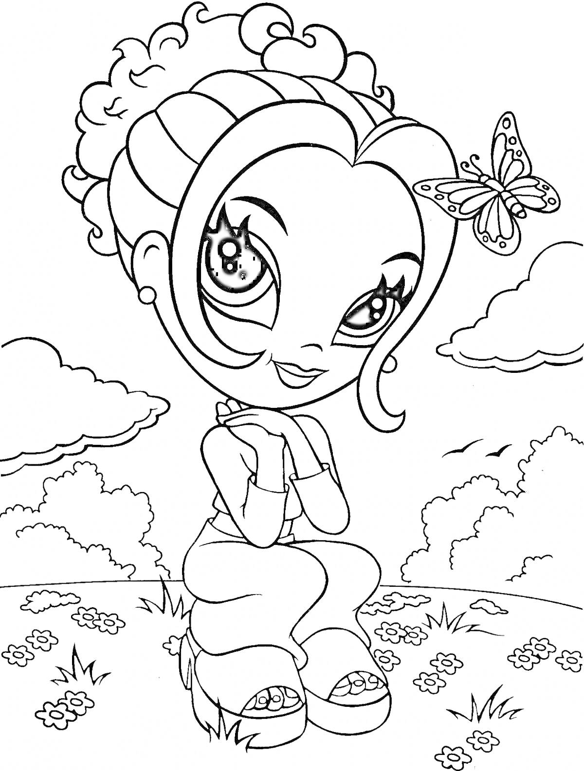 На раскраске изображено: Девочка, Кудрявые волосы, Бабочка, Природа, Облака, Цветы, Трава, Мультипликационный стиль