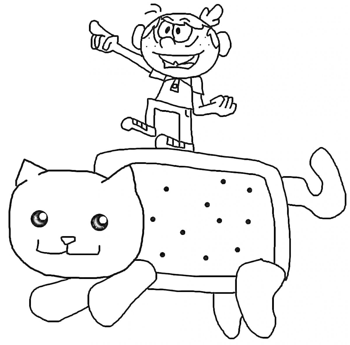 На раскраске изображено: Человек, Кот, Спина, Мультипликация, Для детей, Животные, Картун кэт
