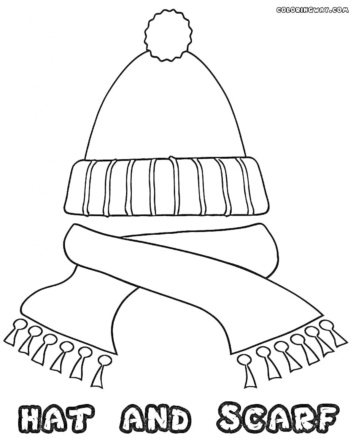 На раскраске изображено: Шапка, Шарф, Вязаная шапка, Кисточки, Одежда, Зима, Теплые вещи