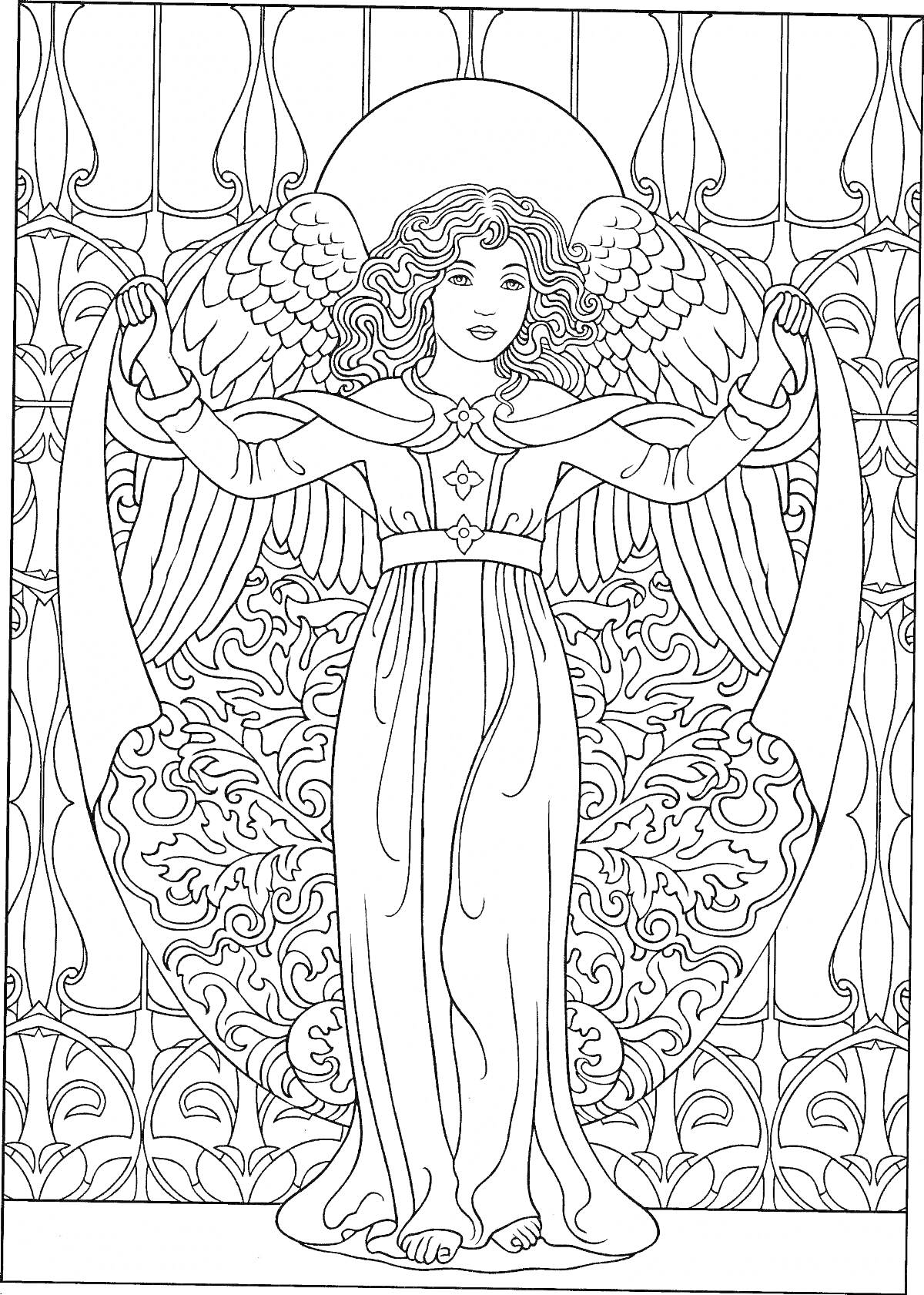 Раскраска Ангел с расправленными крыльями, стоящий среди декоративных узоров у окна
