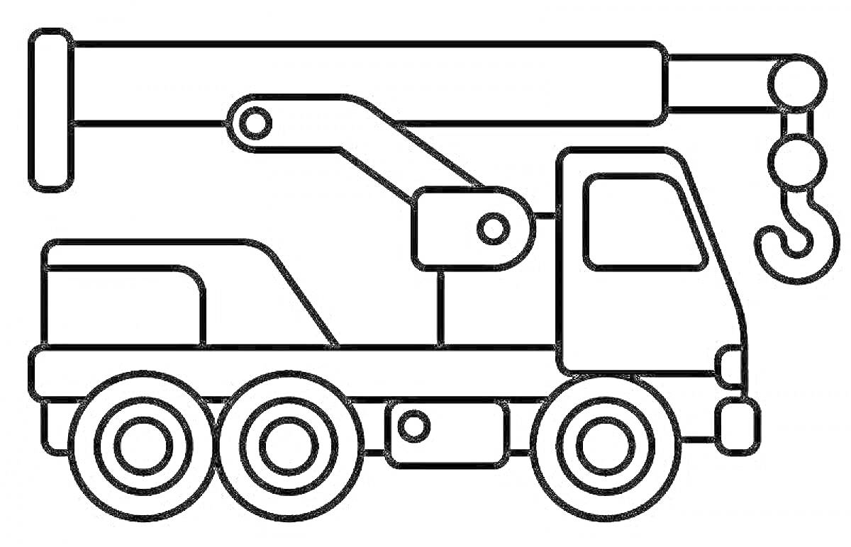 Раскраска грузовик-кран с тремя колесами и крюком