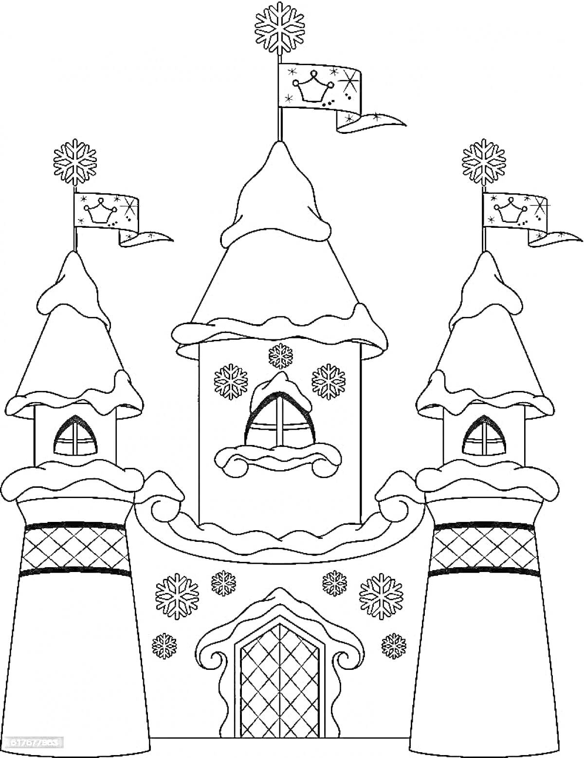 На раскраске изображено: Дворец, Снежная королева, Башни, Зима, Снежинки, Волшебство, Лед, Замок