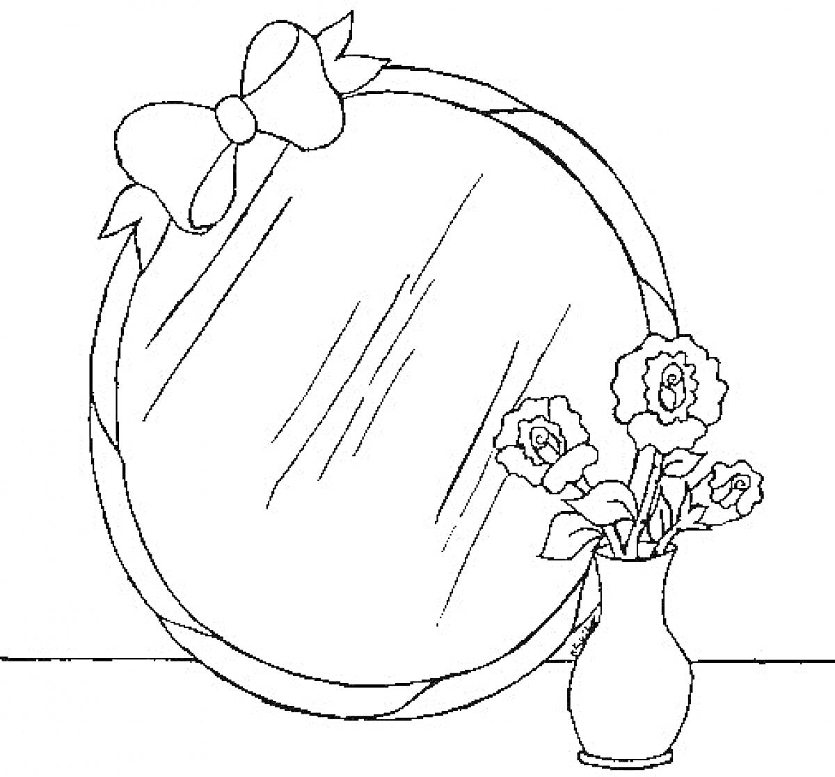 Раскраска Зеркало с бантом и вазой с цветами
