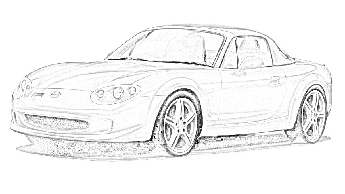 На раскраске изображено: Mazda, Спортивный автомобиль, Купе, Колёса, Передний план, Классический дизайн