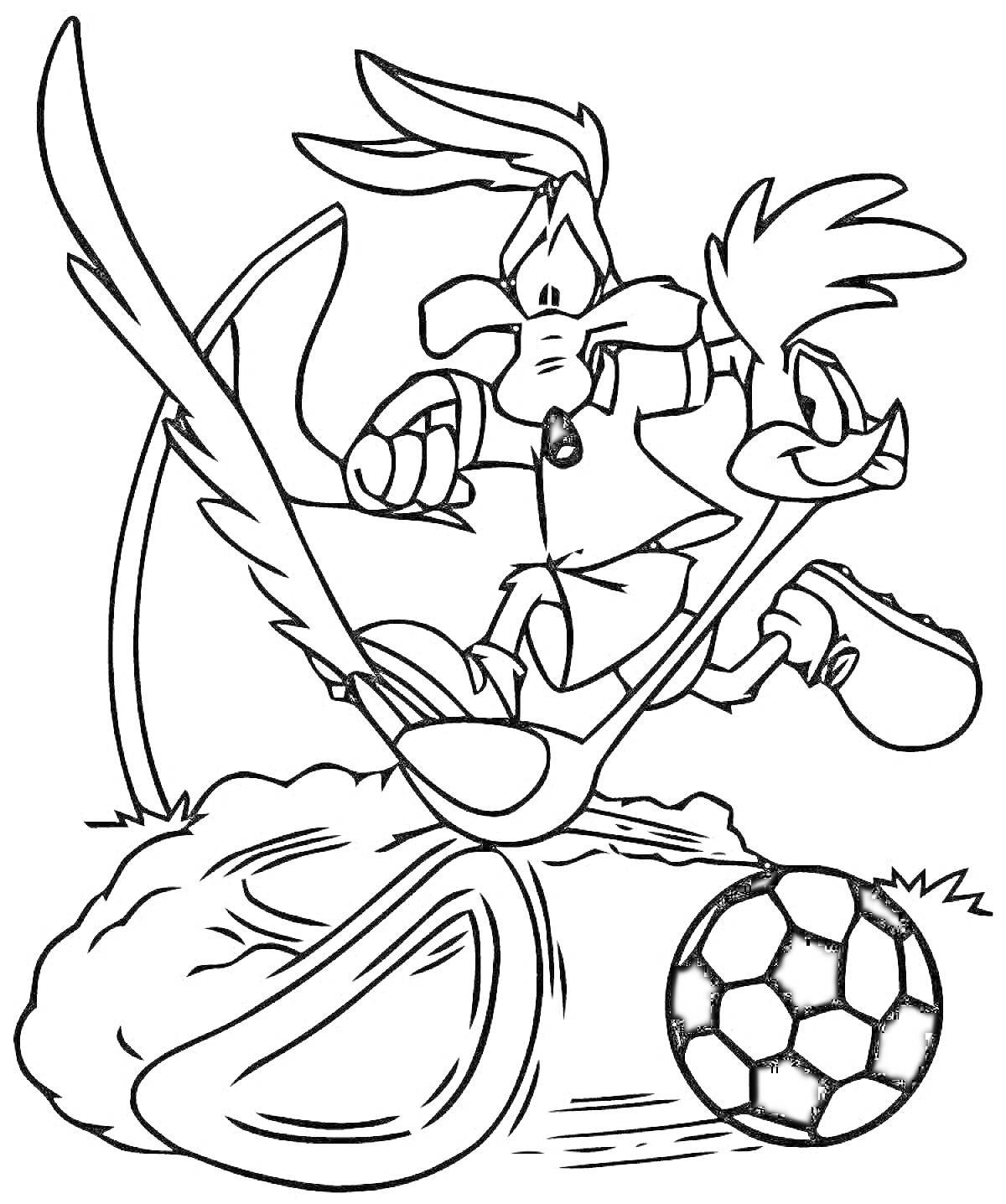 Раскраска Дорожный бегун широко шагает и держит вилку, рядом находится футбольный мяч.