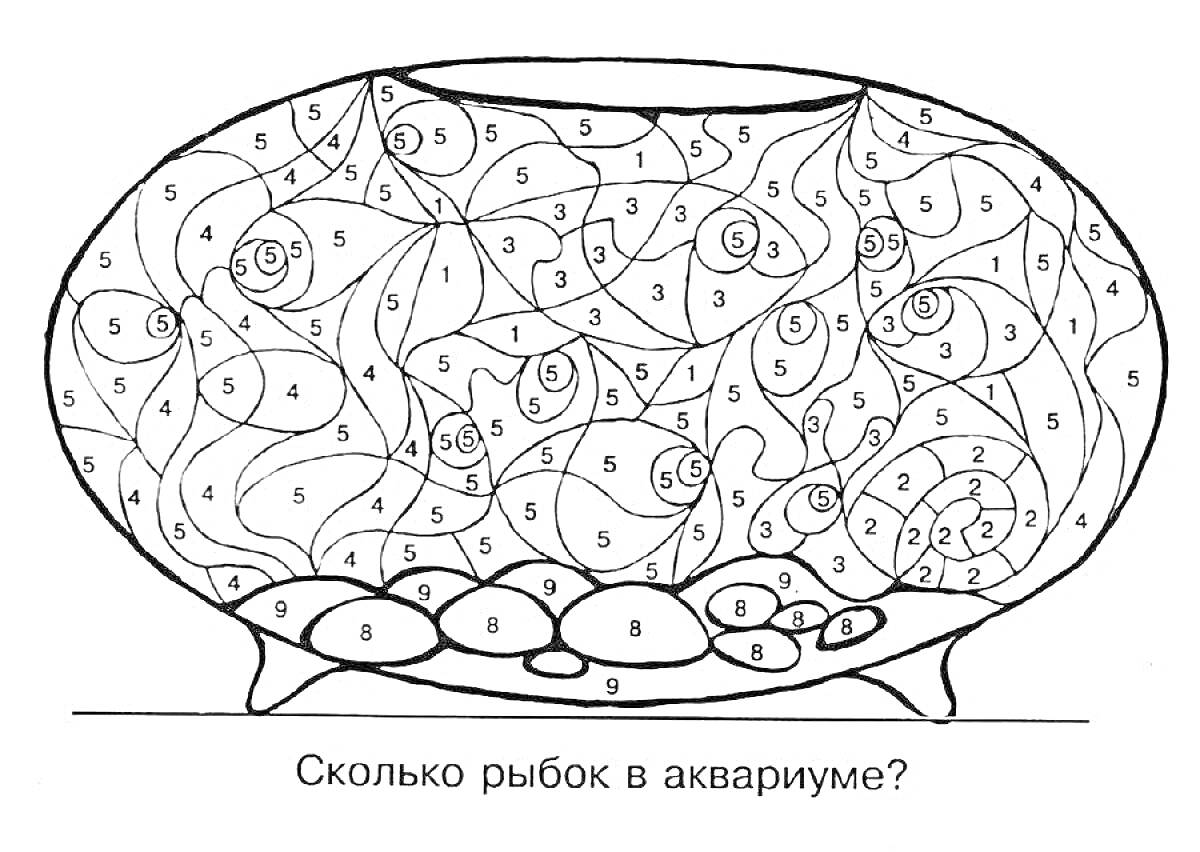 Раскраска Аквариум с рыбками и камнями, раскраска по номерам
