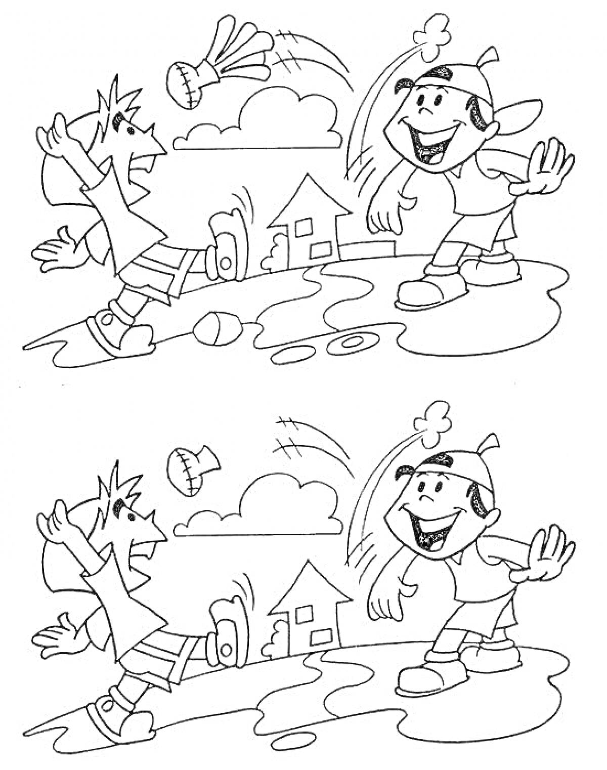 Раскраска Найди отличия. Дети играют в бадминтон на поляне с домиком и деревом