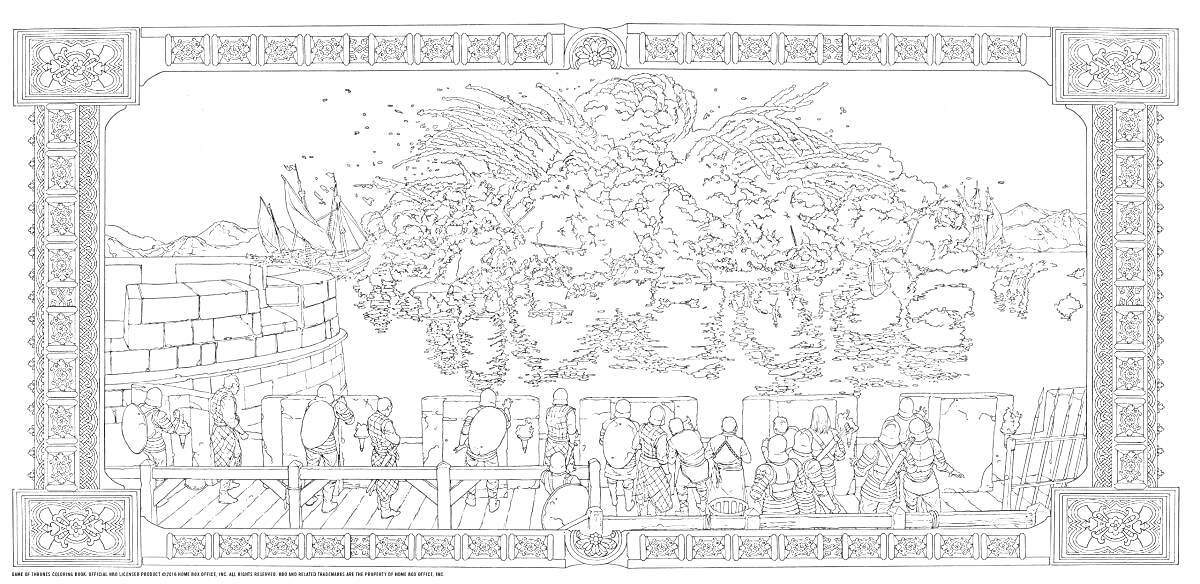 На раскраске изображено: Замок, Сцены, Природа, Корабль, Средневековье, Лошадь, Человек, Детализированное изображение