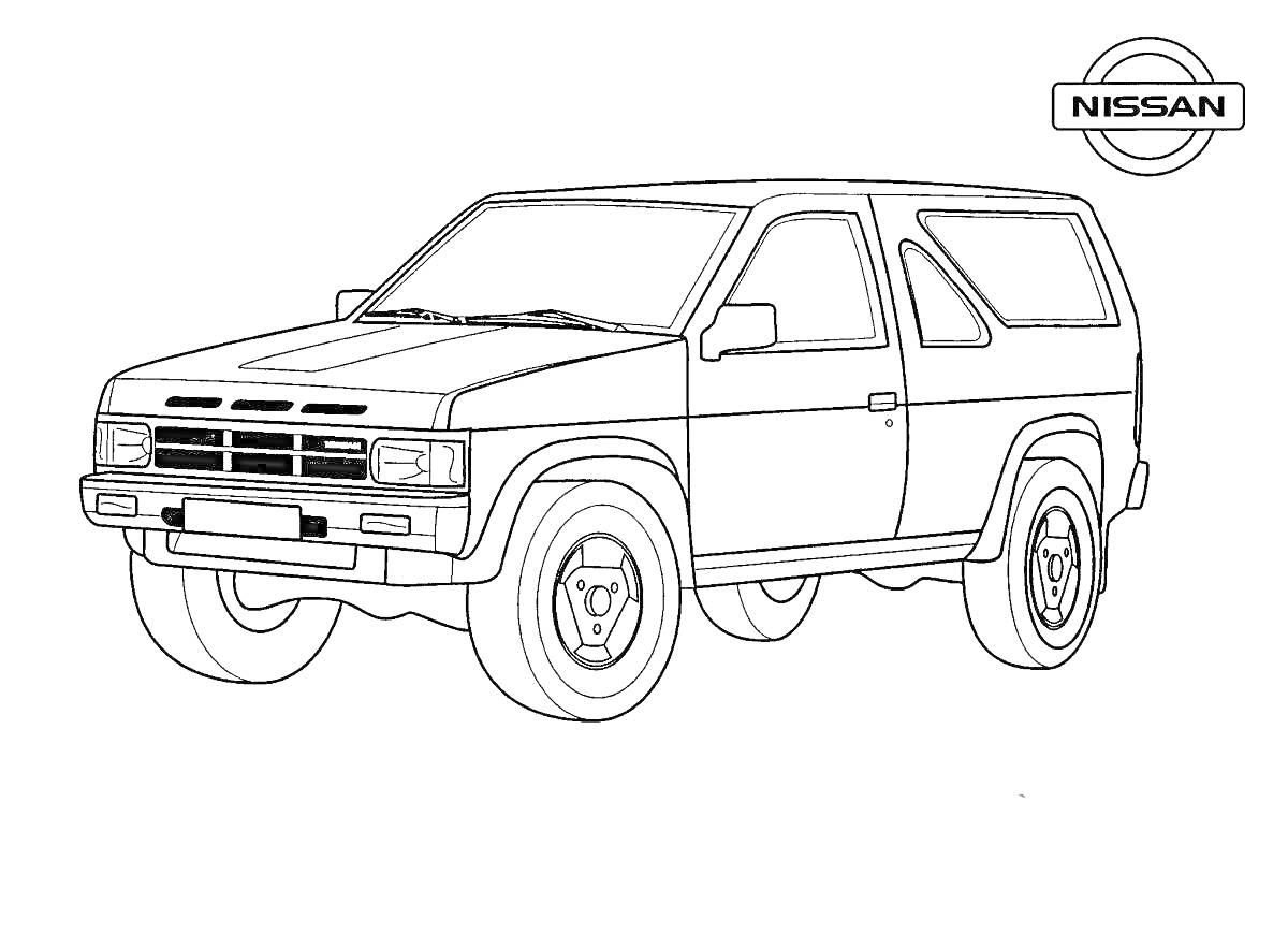 Раскраска Ниссан внедорожник с логотипом, два зеркала, две двери, шесть окон