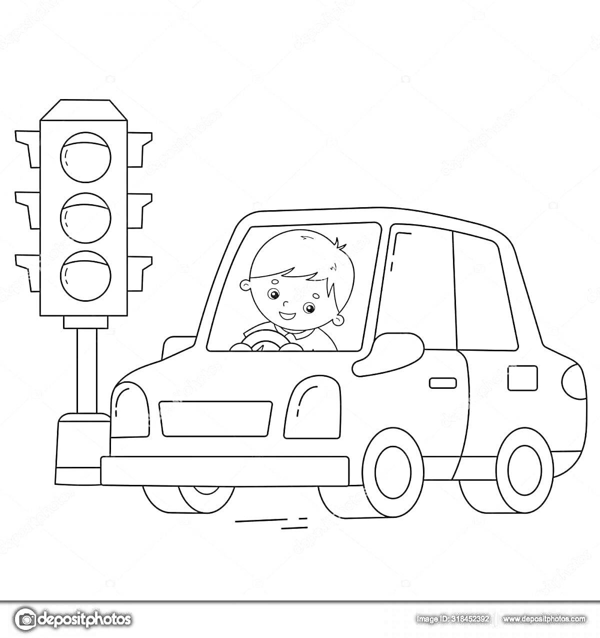 На раскраске изображено: Светофор, Мальчик, Ребенок, Пдд, Дорожное движение, Безопасность, Дорожные знаки, Транспорт