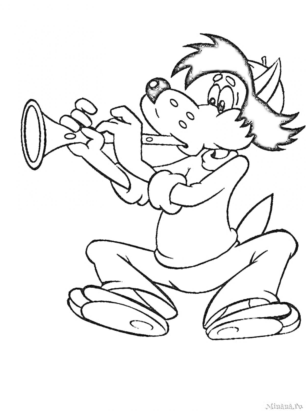На раскраске изображено: Волк, Ну погоди, Труба, Персонаж, Игра на музыкальном инструменте