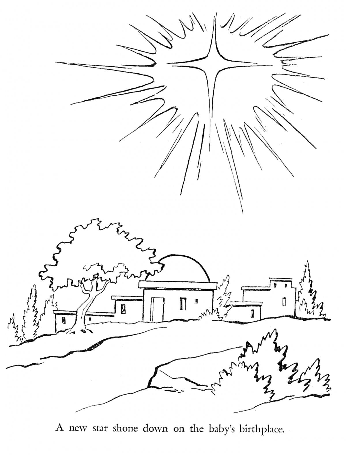 На раскраске изображено: Вифлеемская звезда, Рождество, Деревья, Ночь, Религия