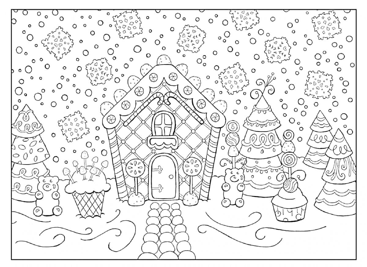 Раскраска Пряничный домик зимой в окружении украшенных елок и снежинок