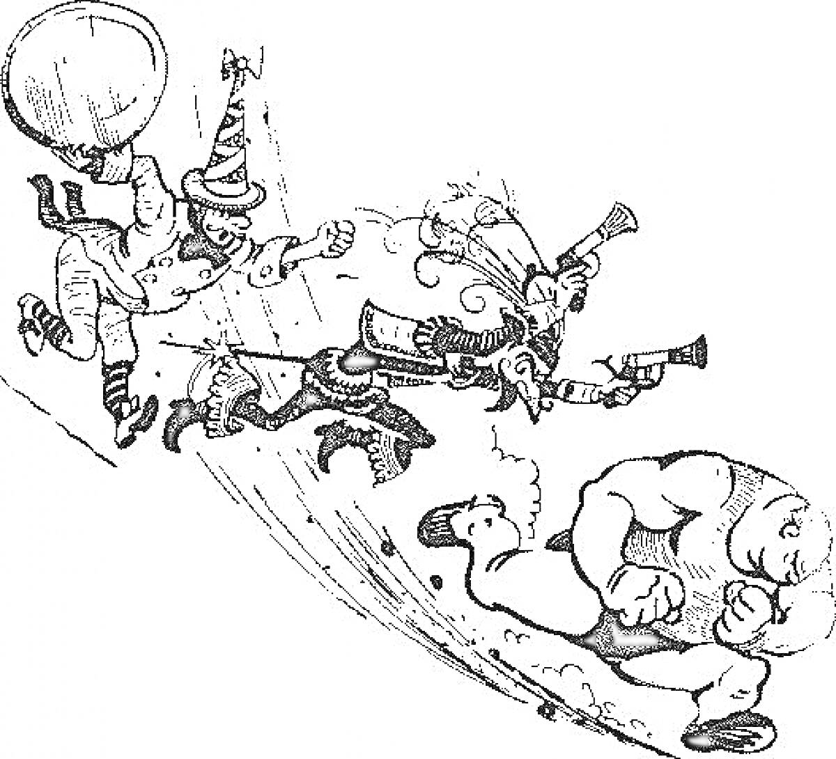 Раскраска Три толстяка, два клоуна с музыкальными трубами, мужчина с барабаном и большой мяч на спине