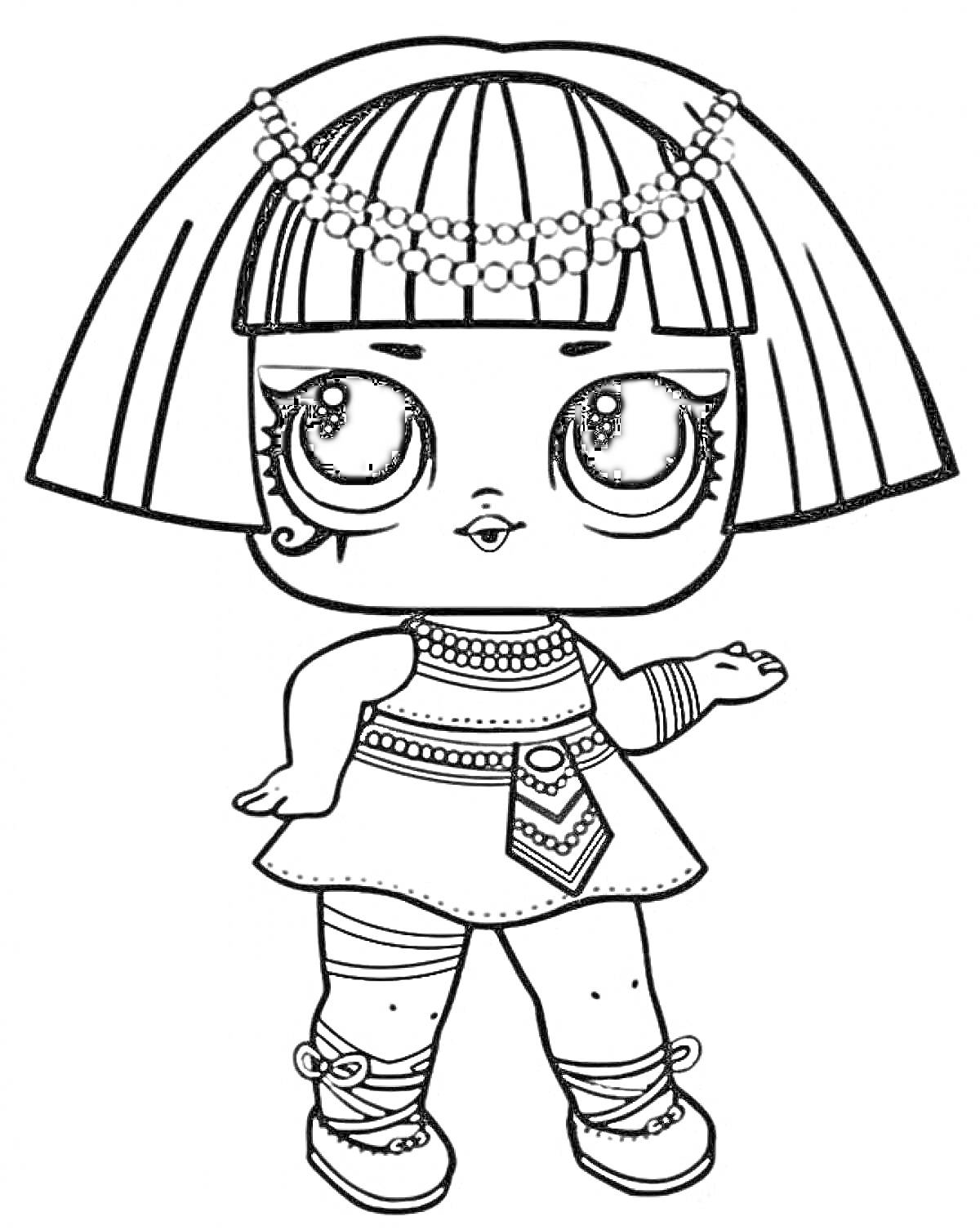Раскраска Кукла Лол с короткими волосами и обручем, в платье с поясом, в туфлях и с браслетом