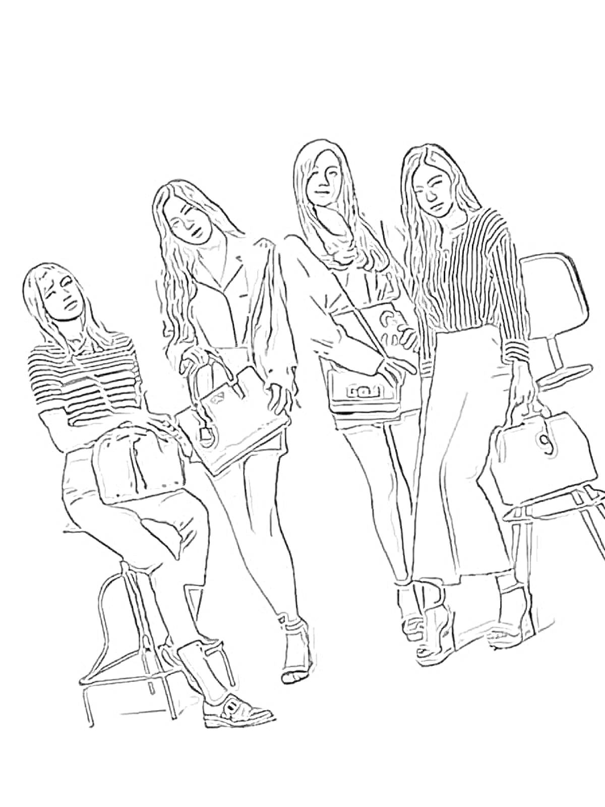 На раскраске изображено: Группа, Модная одежда, Блэк пинк, Контурное изображение, Сумка, Стул, Девочка