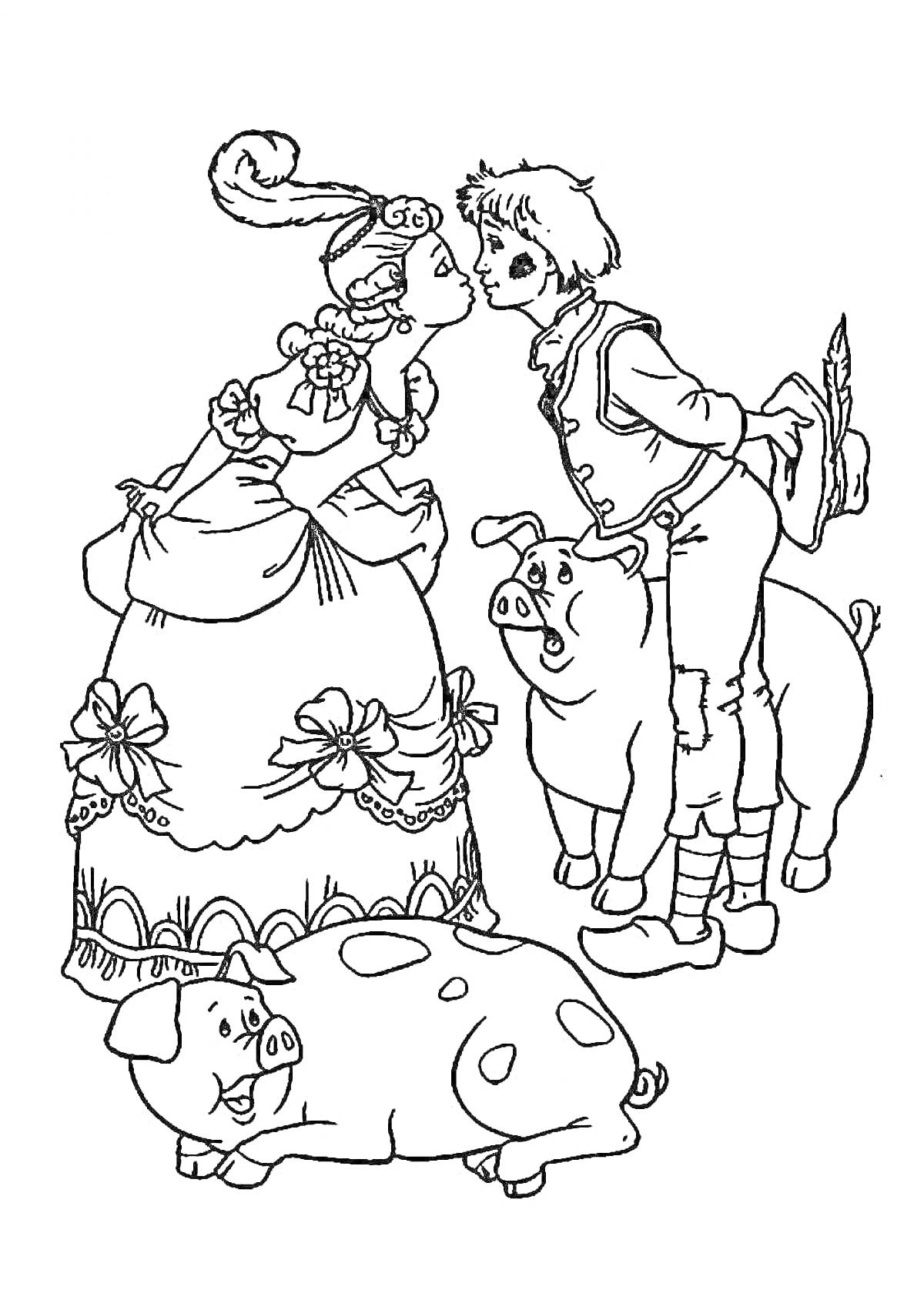 На раскраске изображено: Принцесса, Свиньи