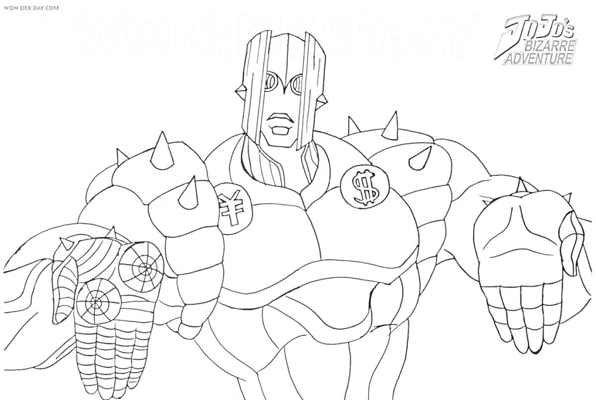 На раскраске изображено: JoJo's Bizarre Adventure, Аниме, Манга, Персонаж, Шипы, Механические руки, Робот
