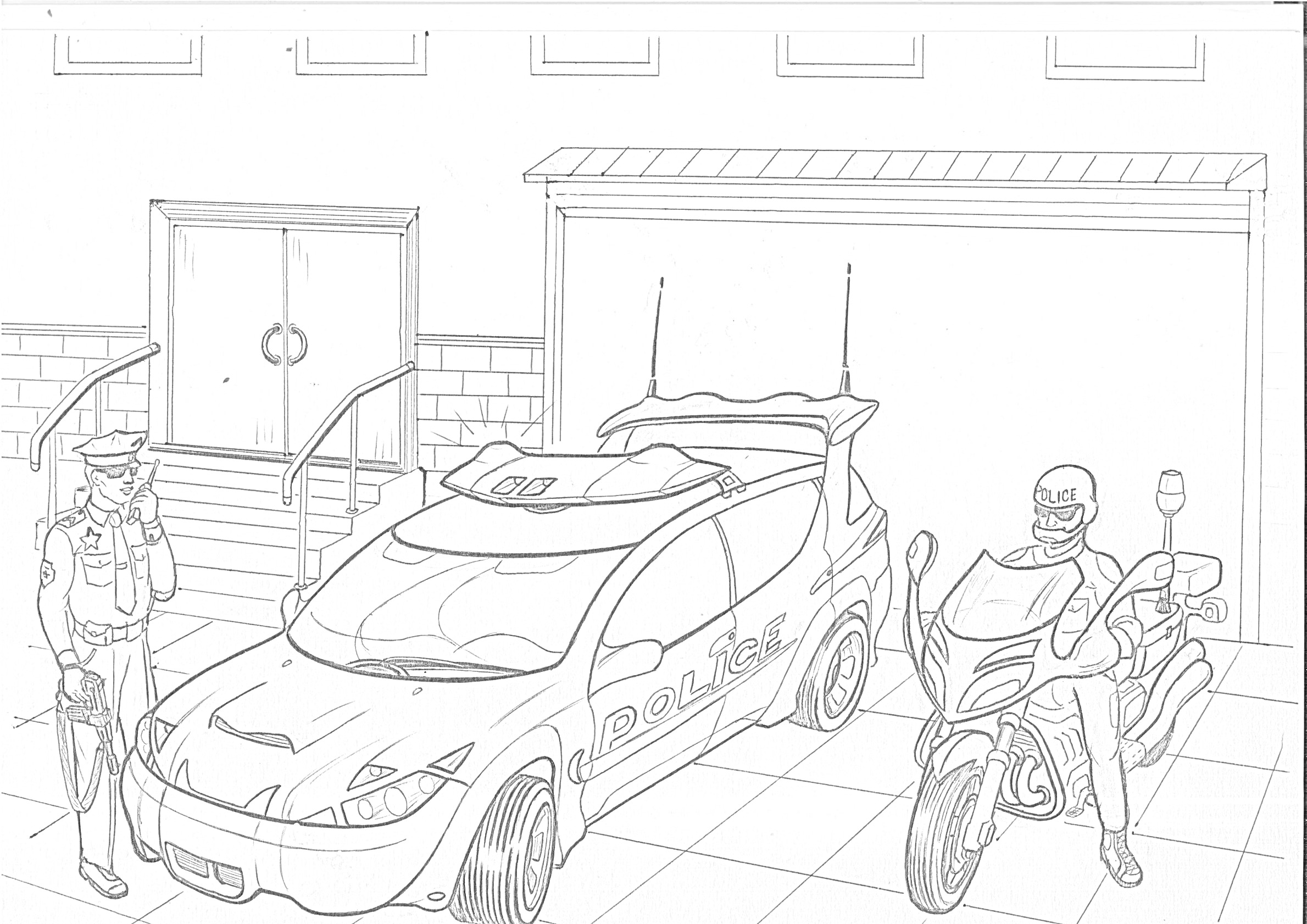 Раскраска Полицейский, полицейский автомобиль и мотоцикл перед зданием полицейского участка