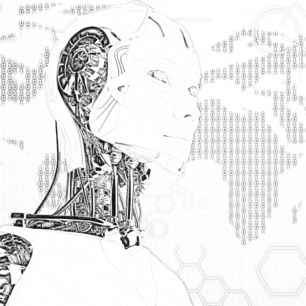 На раскраске изображено: Робот, Гуманоид, Искусственный интеллект, Карта мира, Будущее