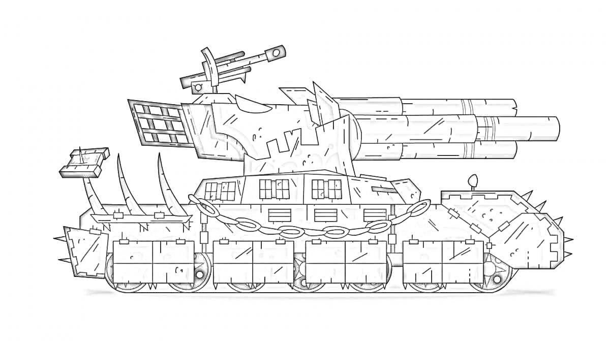 Раскраска Бронированный танк с шипами, пушками и цепями