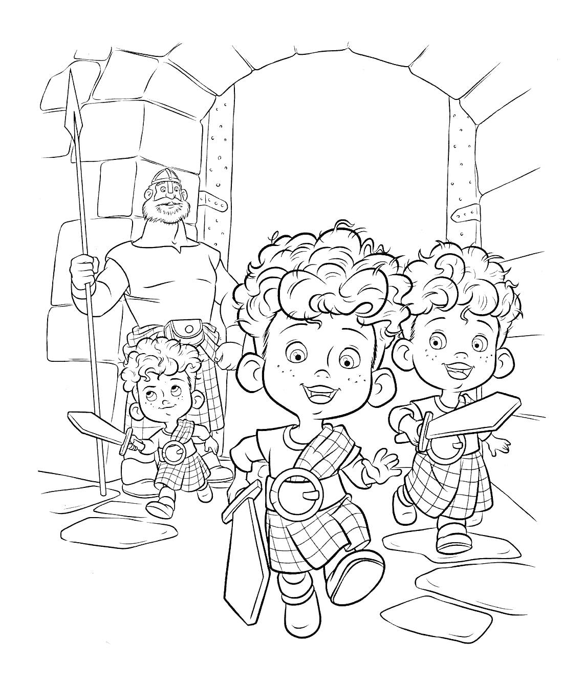 На раскраске изображено: Каменная дорожка, Ворота, Замок, Мальчик, Копья