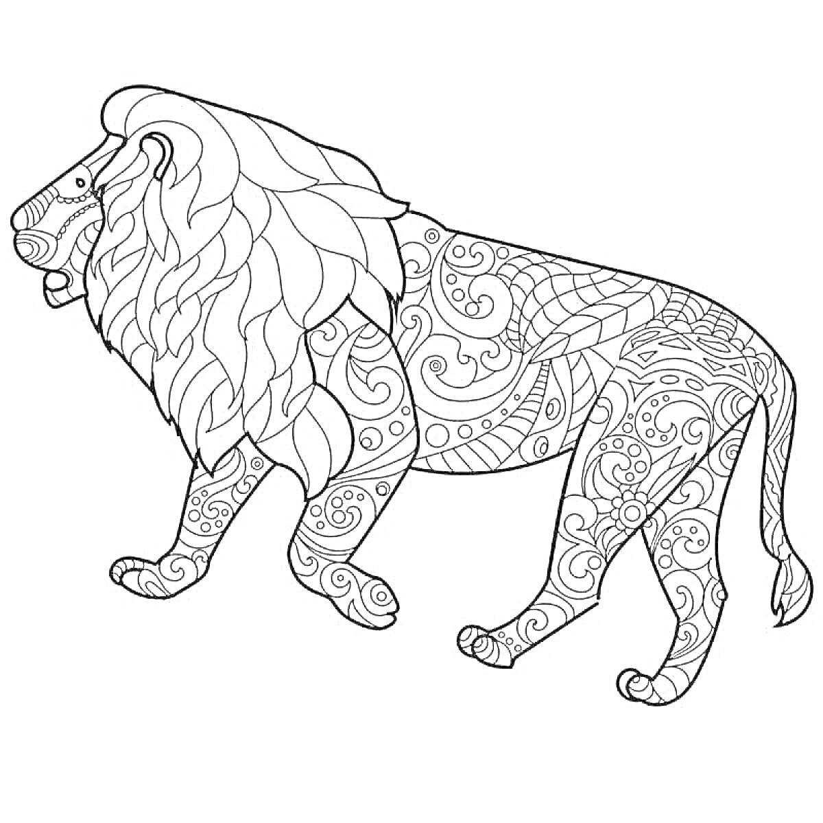 Раскраска Лев с узорами из листьев и завитков