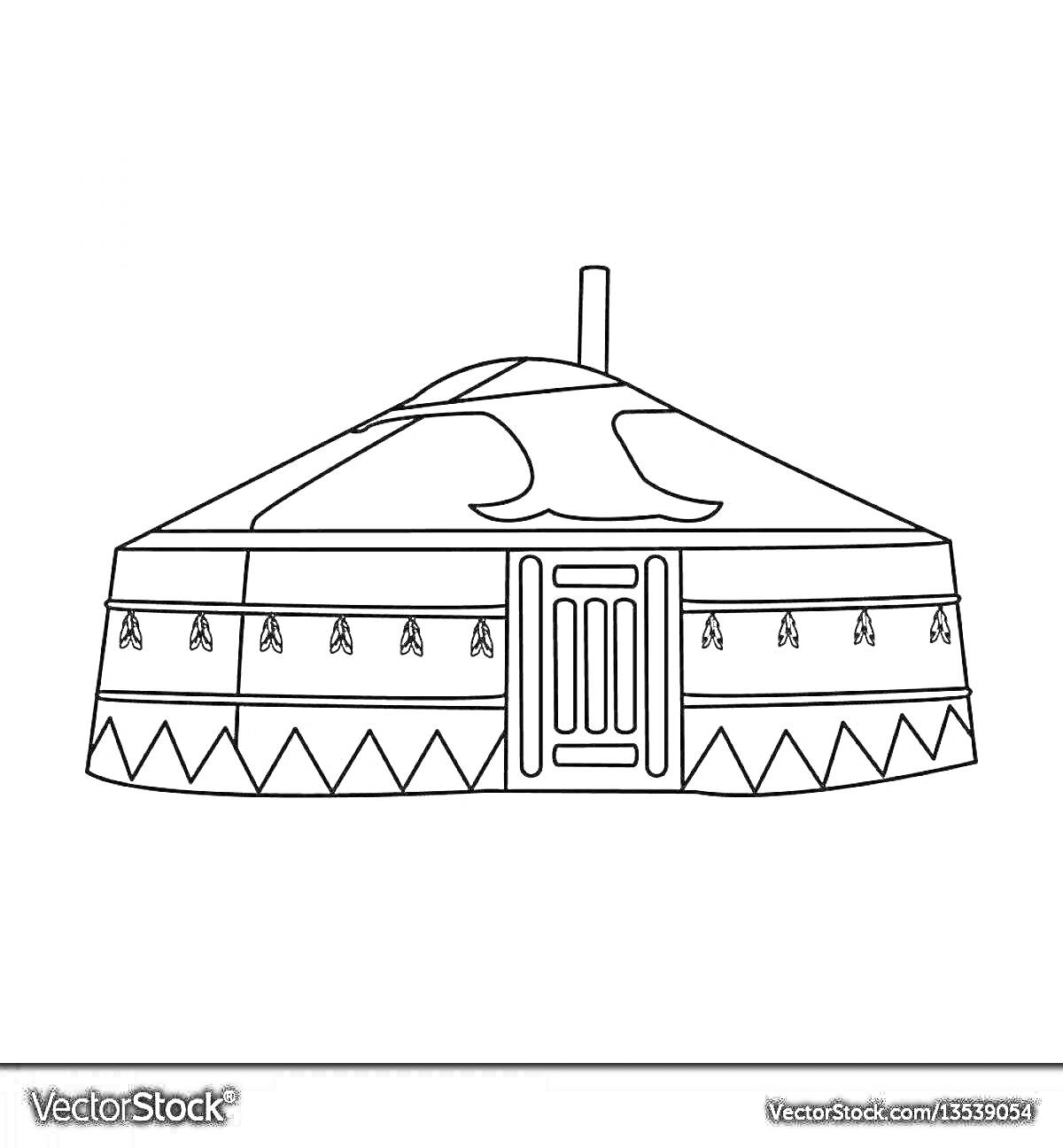 Раскраска Бурятская юрта с орнаментами, прямоугольной дверью и трубой на крыше