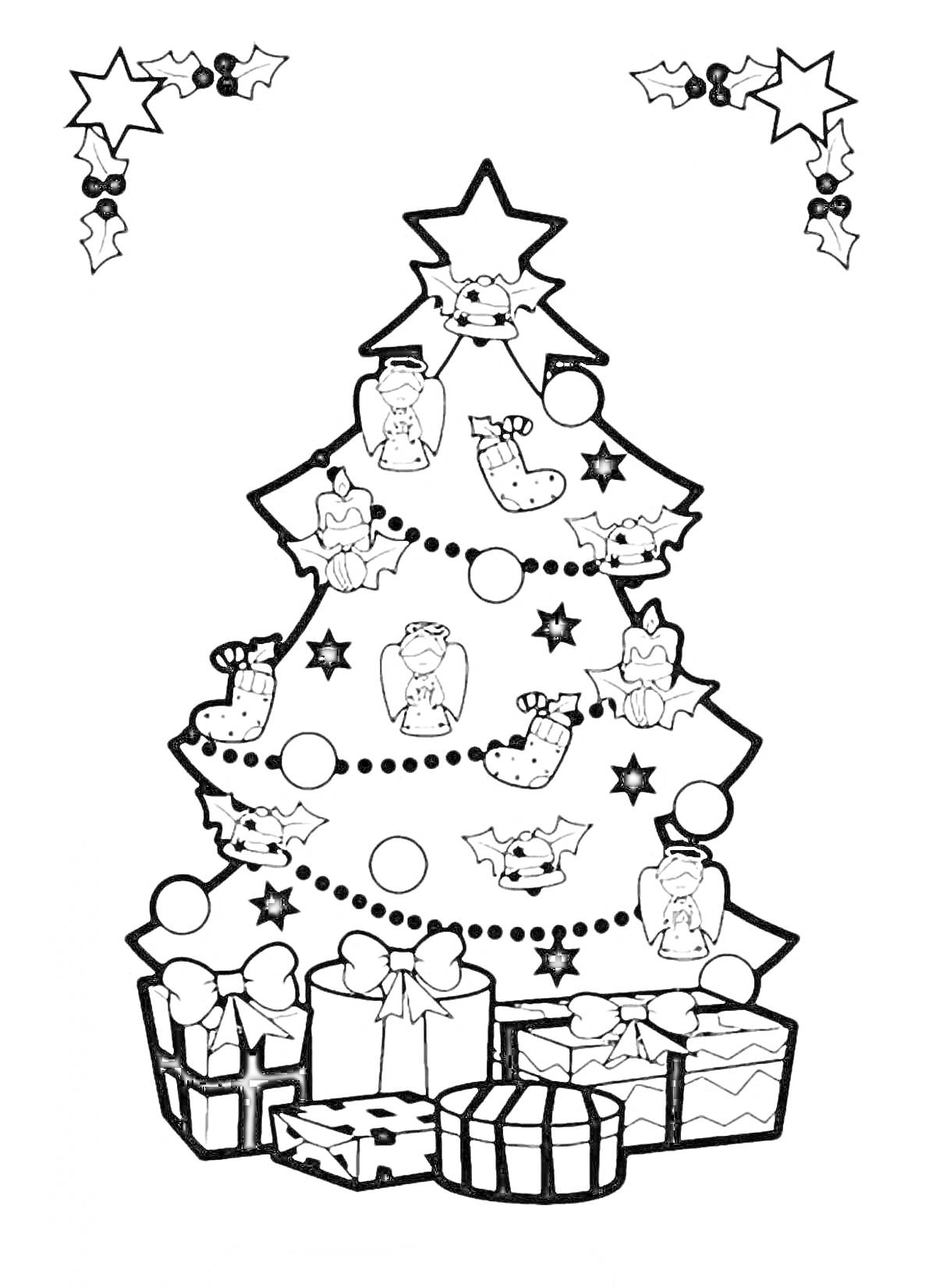 На раскраске изображено: Рождественская, Украшения, Подарки, Новогодние игрушки, Звезды, Гирлянда, Рождественские носки