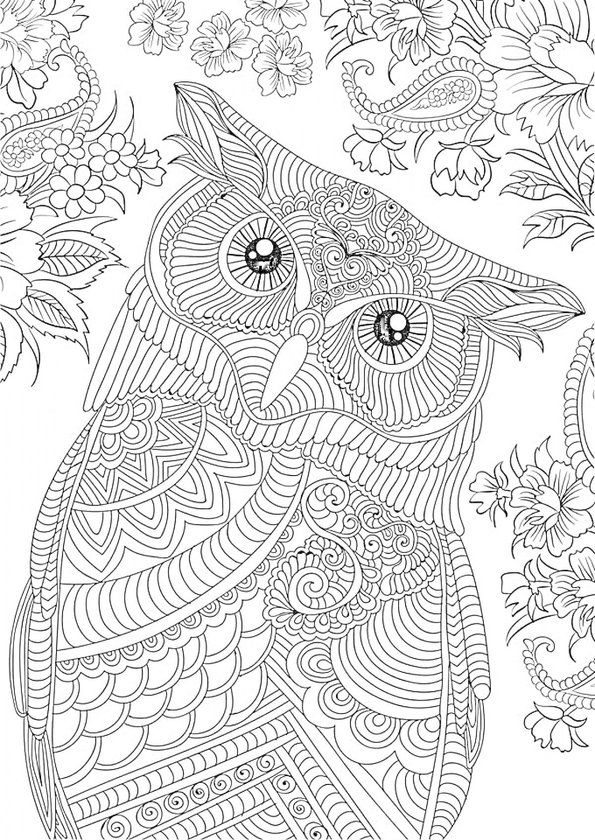 Раскраска Антистресс раскраска сова с узорами и цветами