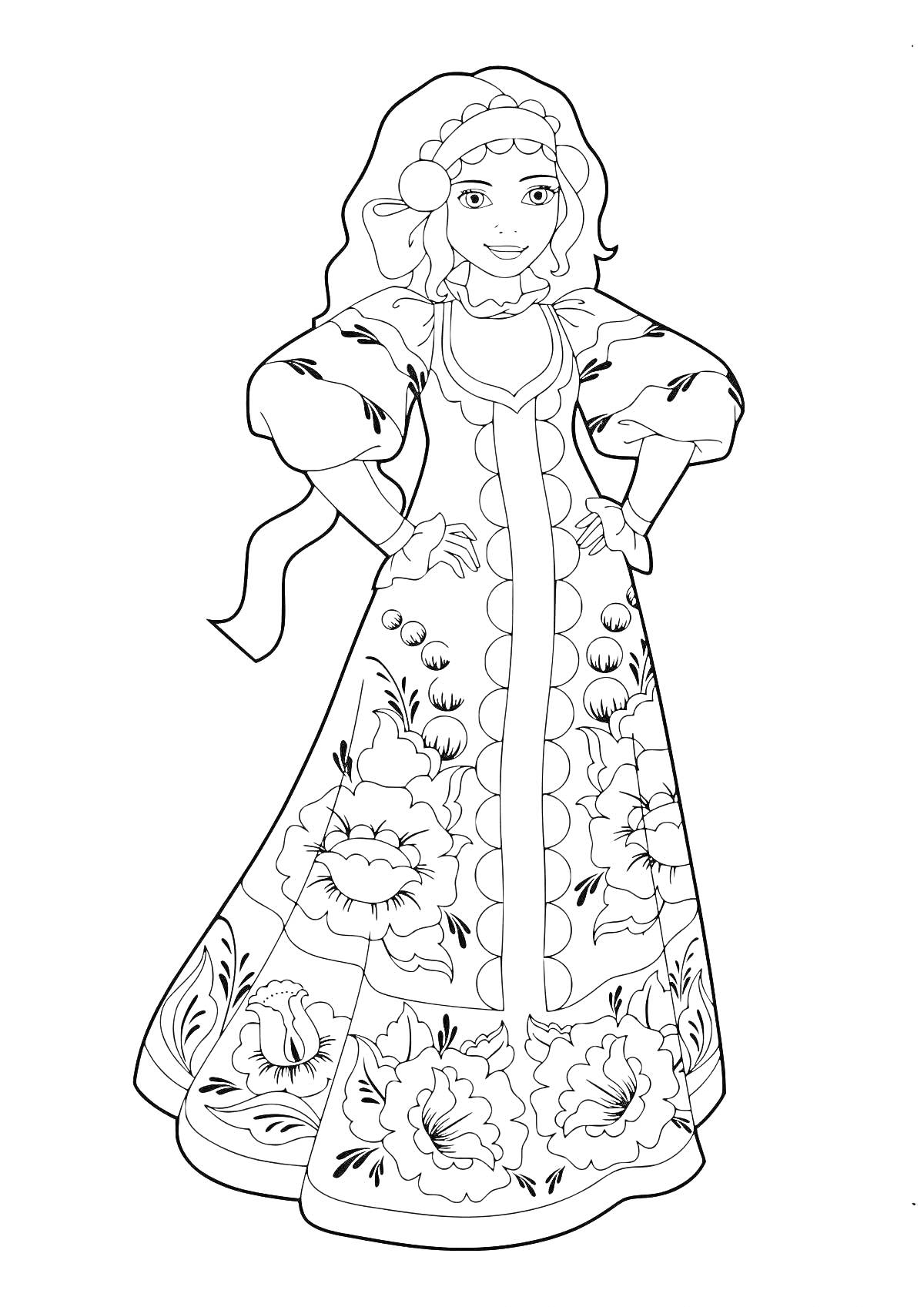 Раскраска Девочка в традиционном русском платье с цветочным узором