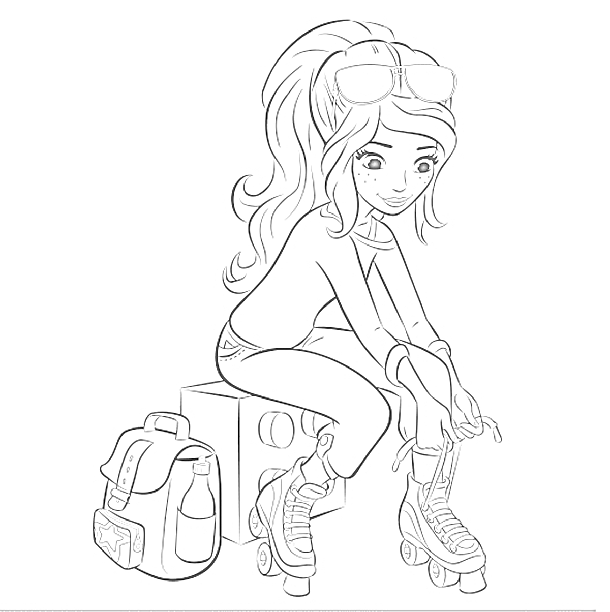 Раскраска Девочка с рюкзаком и роликовыми коньками сидит на коробке