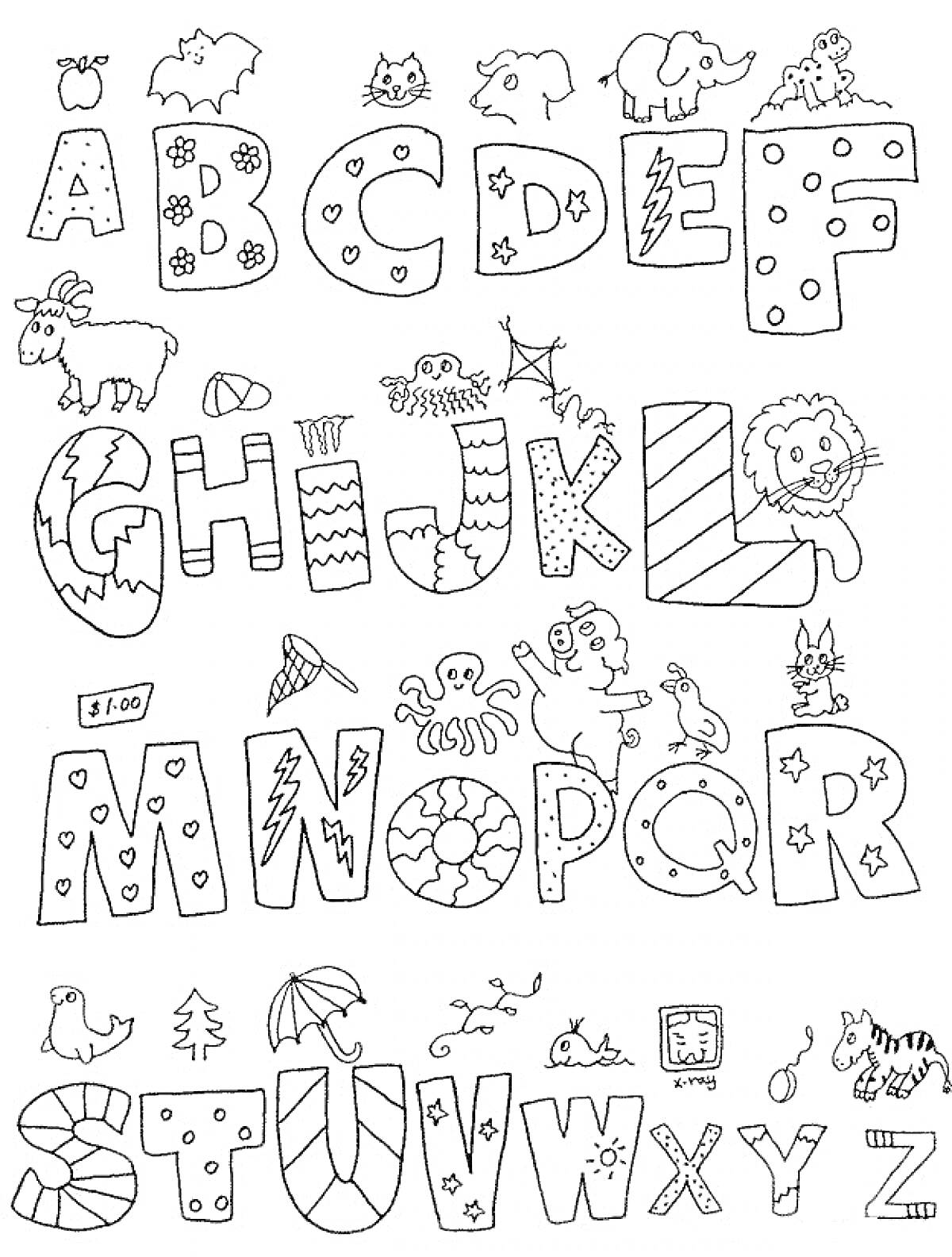 Раскраска Английский алфавит с животными и предметами