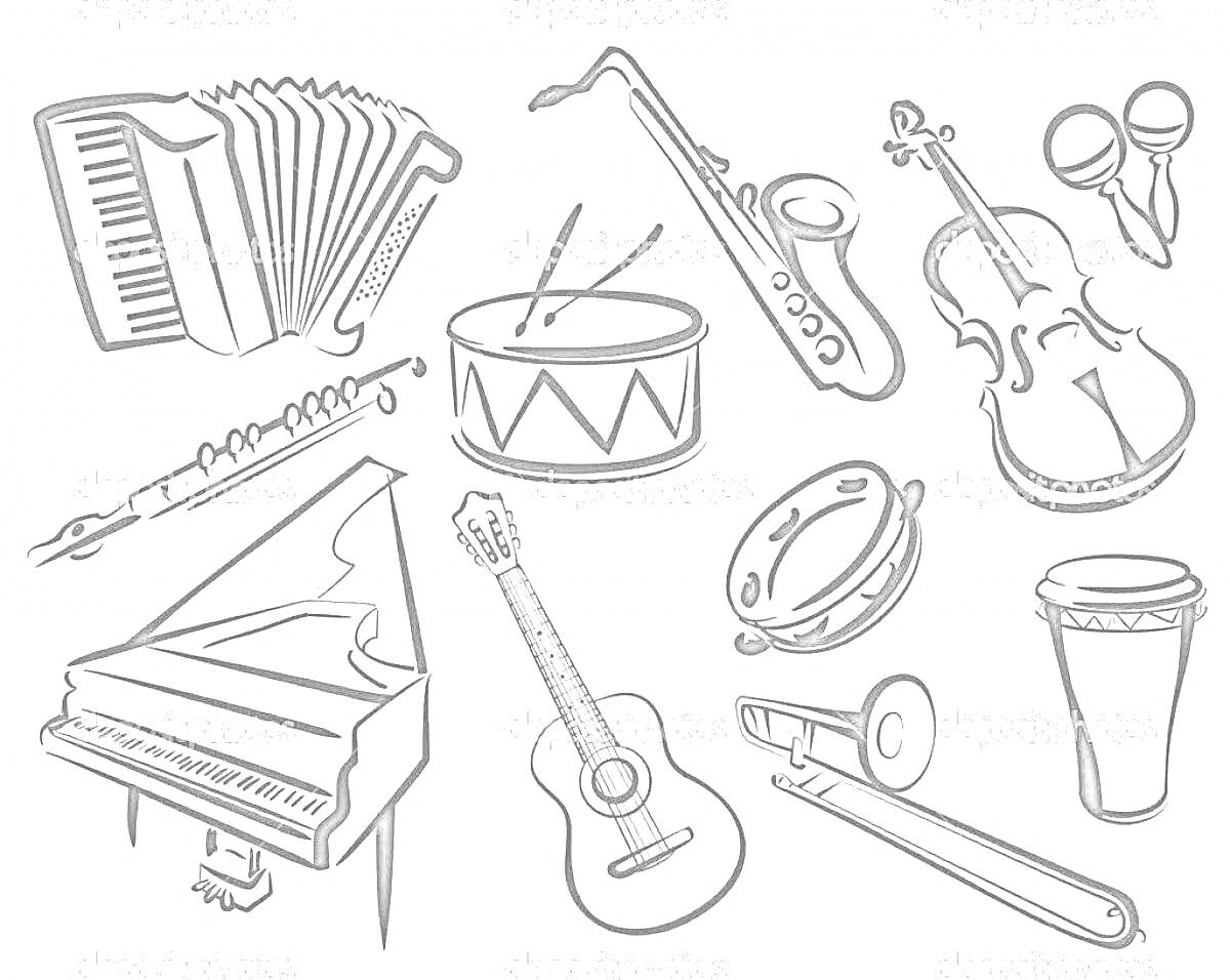 На раскраске изображено: Музыкальные инструменты, Аккордеон, Саксофон, Барабан, Флейта, Скрипка, Гитара, Бубен, Труба, Маракасы, 1 класс