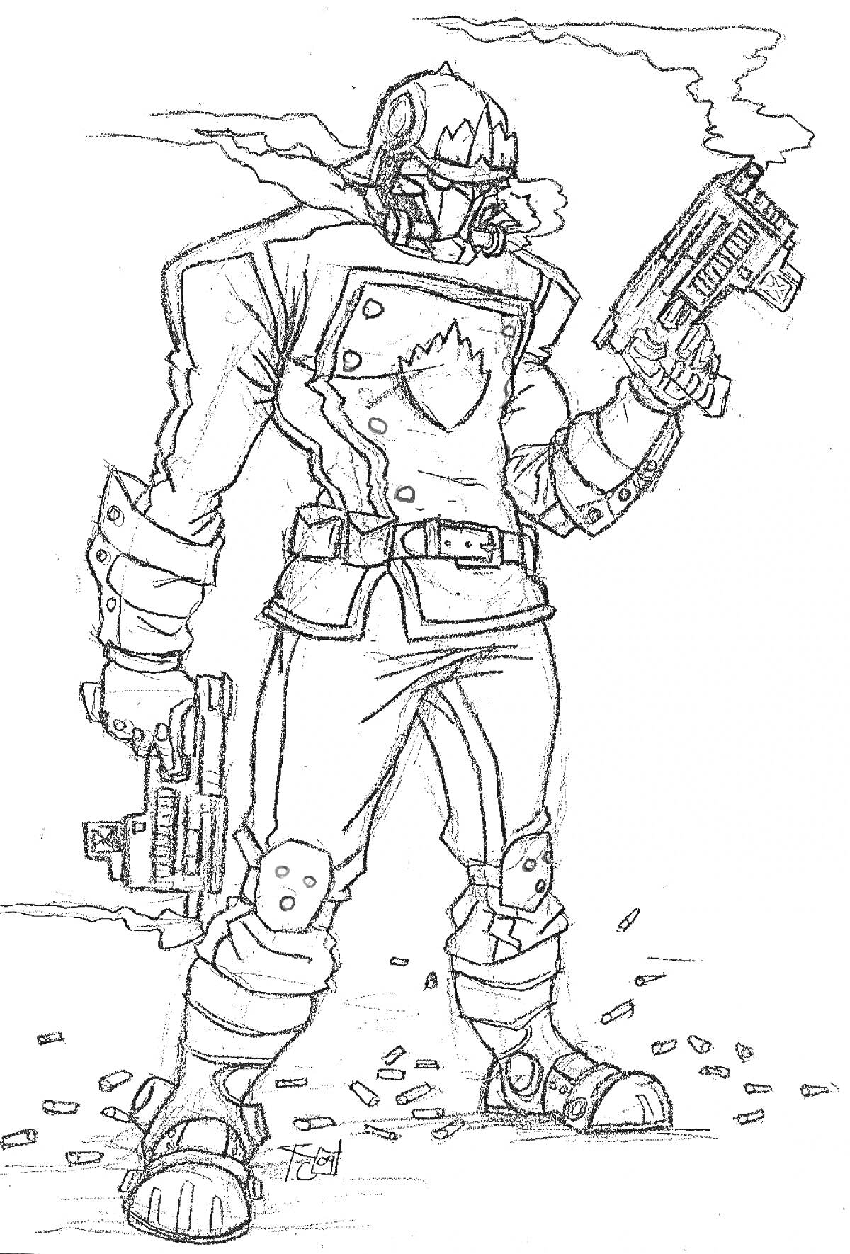 Человек в бронежилете с двумя пистолетами и шлемом, стоящий среди гильз