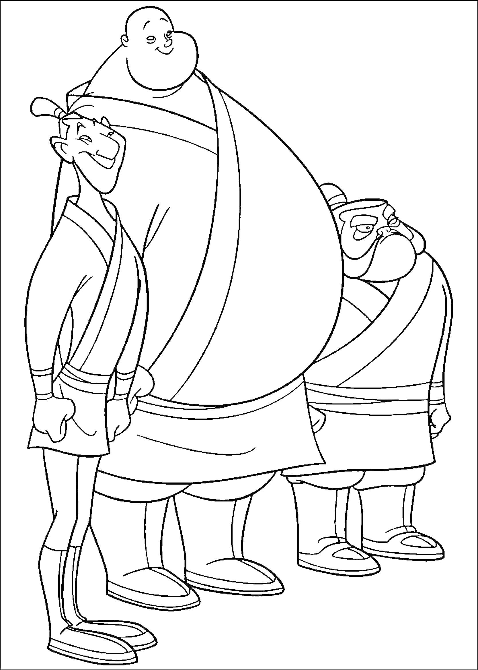 Раскраска Трое воинов-союзников из Мулан в традиционных одеждах