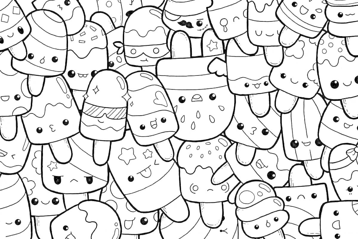 Раскраска Кавайные мороженое и другие сладости с милыми рожицами
