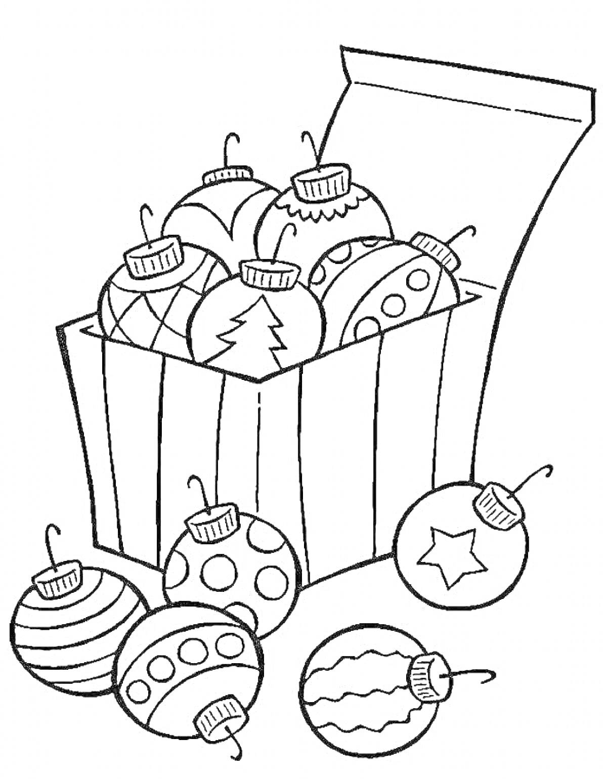 На раскраске изображено: Новый год, Коробка, Рождественские украшения, Новогодние игрушки